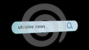 Shot of monitor screen. Pixel screen with animated search bar, keywords Ukraine news typed in, browser bar with