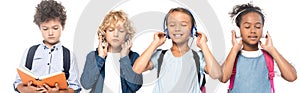 Shot of multicultural schoolkids listening music