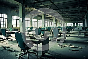 A shot of an office or factory with empty desks, showcasing the impact of the crisis on employment and job security. Generative AI