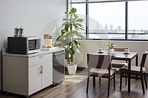 A shot of an office kitchen with a refrigerator, microwave, and coffee maker.