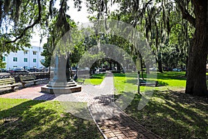 A shot of The Old Harbor Light memorial in Emmet Park on East Bay Street in Savannah, Georgia