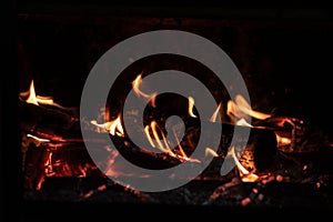 Shot of a piece of wood burning in the fire flames in the night