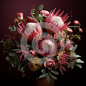 shot of a Protea (Protea), showcasing its unique and striking flower heads with touch of exotic beauty by AI generated