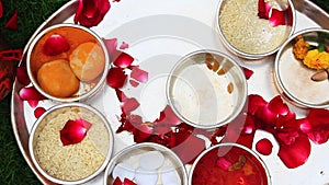 Shot of religious offerings in Indian wedding ceremony at Hotel Amar Villas, Agra, Uttar Pradesh, India