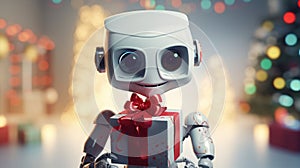 Shot of robot holding a small gift box. Holidays and celebration concept.