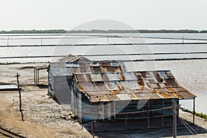 Shot of rusty building near sea