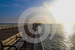 A shot of seagulls standing on the railing of a long brown wooden pier with people walking and American flags flying