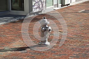 A shot of a silver fire hydrant on a red brick sidewalk at Atlantic Station photo