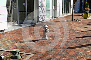 A shot of a silver fire hydrant on a red brick sidewalk at Atlantic Station photo