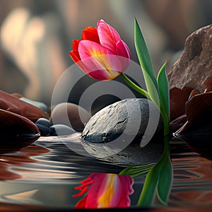 Shot of a single tulip on the shore near the water. Generative AI