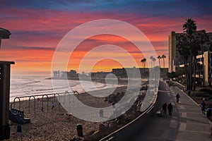 A shot of a smooth winding bike trail at the beach at sunset with people riding and walking on the trail surrounded by palm trees