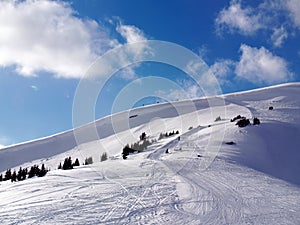 Shot of snowy slopes of Vail ski resort in Colorado photo