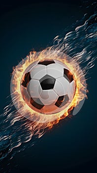 shot Soccer ball ablaze in fiery and watery elements artwork