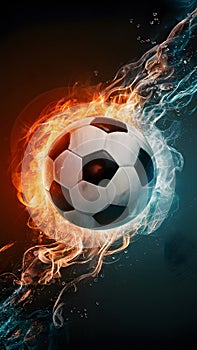 shot Soccer ball ablaze in fiery and watery elements artwork