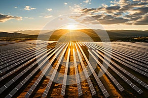 A shot of a solar panel farm or wind turbine field, showcasing the potential for renewable energy