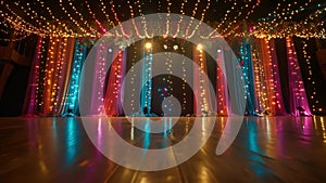 A shot of the stage decorated with ling lights and colorful streamers creating a fun and festive atmosphere