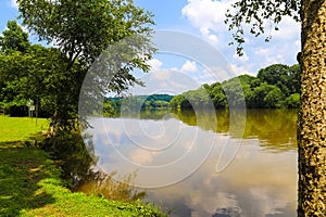 A shot of the still waters of the Chattahoochee river with lush green trees reflecting off the water with a boardwalk