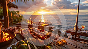 A shot of the sunset over the ocean with a group of food critics dining at a romantic outdoor restaurant. They are photo