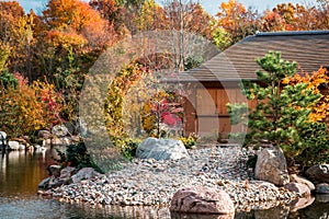 Shot of the tea house during the fall at the Frederik Meijer Gardens
