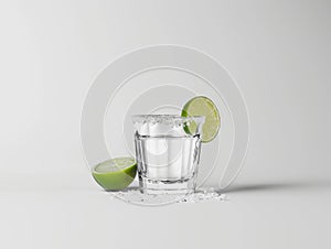 Shot of tequila. Alcoholic distilled drink with a slice of lime. AI-generated content.