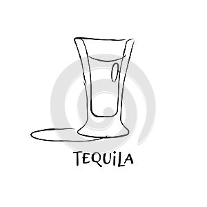 Shot tequila. Graphic art. Drink element. Black white. Retro glass tequila hand draw, design for any purposes. Restaurant photo