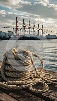 shot Thick hemp rope on pier in seaport, maritime industry photo