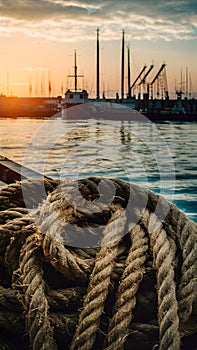 shot Thick hemp rope on pier in seaport, maritime industry photo