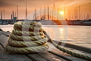 shot Thick hemp rope on pier in seaport, maritime industry photo