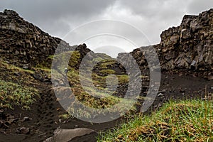 Shot of transcontinental rift and tectonic plates in Iceland photo