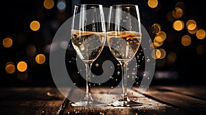 shot of two Champagne glasses clinking, with the bubbly liquid cascading down by AI generated