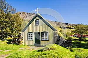 Shot of the typical Icelandic church, Iceland  Hofskirkja, Hof Iceland