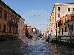 Shot of Venice canal with buildings and bridge on a canal