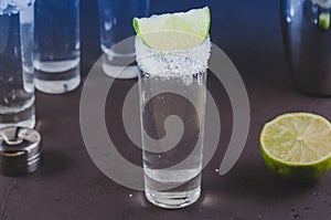 Shot of vodka and pieces of lime/shot of vodka and pieces of lime. Selective focus