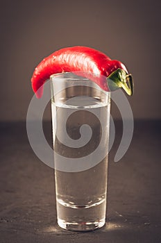 Shot of vodka and red pepper/shot of vodka and red pepper on a dark stone background. Selective focus