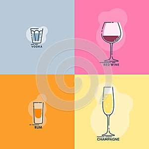 Shot vodka, rum and wineglass red wine, champagne line art in flat style. Restaurant alcoholic illustration for celebration design