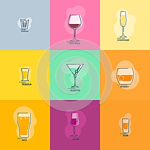 Shot vodka tequila whiskey rum. Wineglass red wine martini champagne beer liquor line art in flat style. Restaurant alcoholic