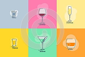 Shot vodka, tequila, whiskey, wineglass red wine, martini, champagne line art in flat style. Restaurant alcoholic illustration for