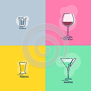 Shot vodka, tequila and wineglass red wine, martini line art in flat style. Restaurant alcoholic illustration for celebration