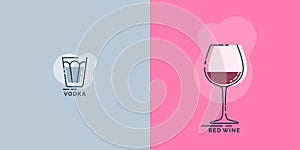 Shot vodka and wineglass red wine line art in flat style. Restaurant alcoholic illustration for celebration design. Design contour