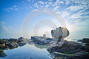 Wanli Fist Stone at Sunrise - Famous natural spot of Wanli District, New Taipei, Taiwan. photo