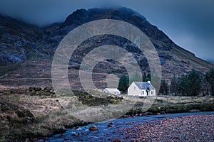 Lagangarbh Hut, also known as the Wee White House, in Glencoe, Scotland.
