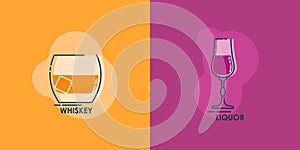 Shot whiskey and wineglass liquor line art in flat style. Restaurant alcoholic illustration for celebration design. Design contour