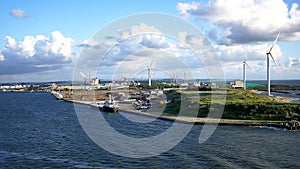 Shot of the wind mill or turbines of nakashima quay of akita prefecture Japan