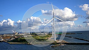 Shot of the wind mill or turbines of nakashima quay of akita prefecture Japan