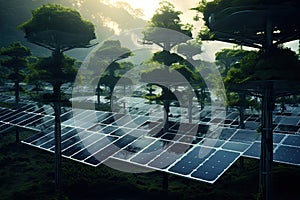 A shot of young trees and solar panels symbolizing the interaction of nature and technology