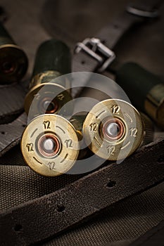 Shotgun shells close-up. Ammunition for smoothbore weapons on a khaki canvas backpack. Dark background
