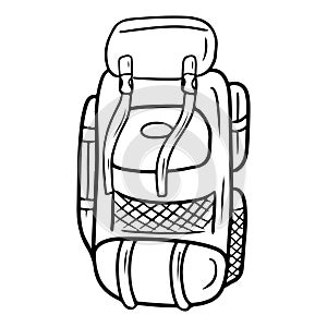 SHOTLISTtravel. Realistic tourist big backpack with pockets in black isolated on white background. Hand drawn vector sketch