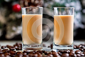 Shots of cream liqueur with coffee beans