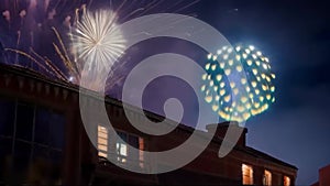 Shots and explosions of colorful fireworks in the night sky, over the roof of the house. A short video of colorful New Y