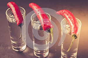 shots of vodka and red pepper/shots of vodka and red pepper on a dark stone background. Toned